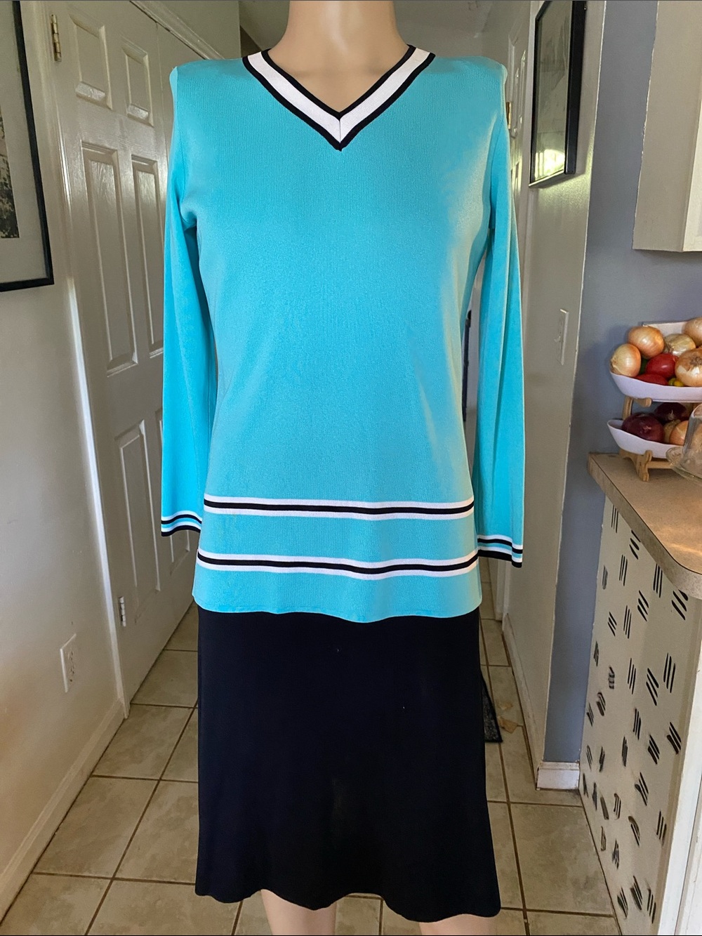Misook Aqua V-Neck Stripe Trim Sweater Set